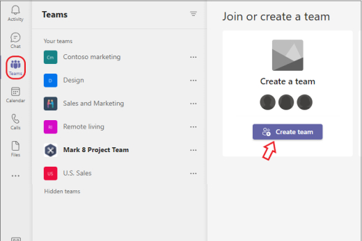 إنشاء فريق في Microsoft Teams.