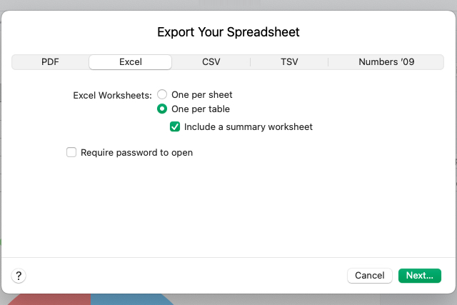 تصدير التحديدات من Numbers إلى Excel.