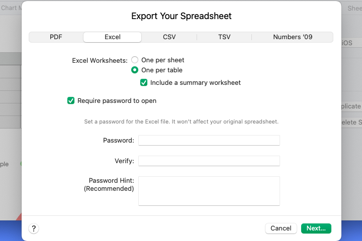خيار كلمة المرور للتصدير إلى Excel.