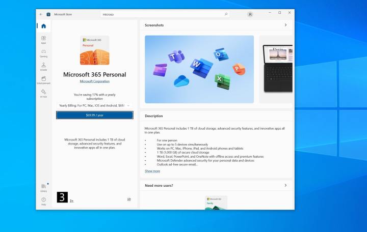 لقطة شاشة لقائمة Microsoft 365 في متجر Microsoft على نظام التشغيل Windows 10