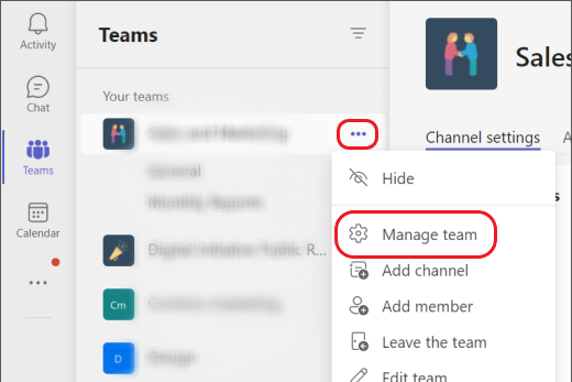 خيار إدارة الفريق في Microsoft Teams.
