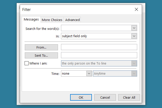 خيارات تصفية تصدير Outlook.