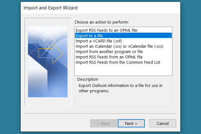 تصدير إلى ملف في Outlook.