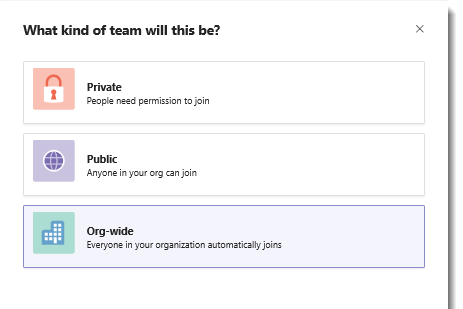 الخيارات العامة والخاصة في Microsoft Teams.