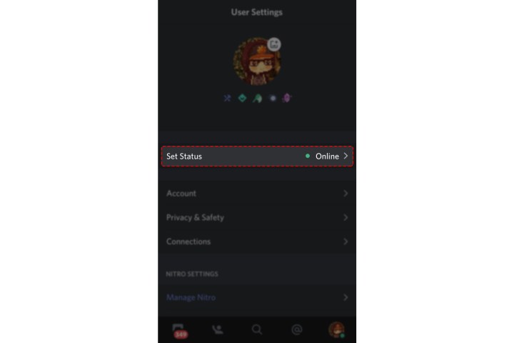 اختر تعيين الحالة على Discord Mobile.