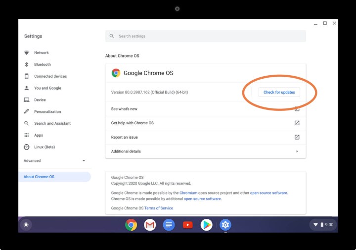 كيفية تحديث Chromebook Chrome OS، حدد التحقق من وجود تحديثات