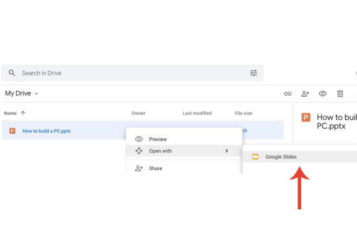 فتح ملف عرض تقديمي لـ PowerPoint على Google Drive باستخدام علامة التبويب