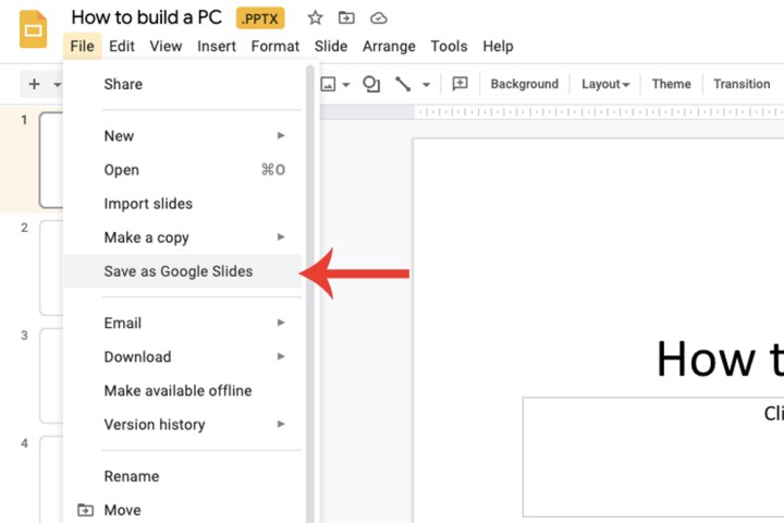 علامة التبويب لحفظ ملف PowerPoint كملف شرائح Google.