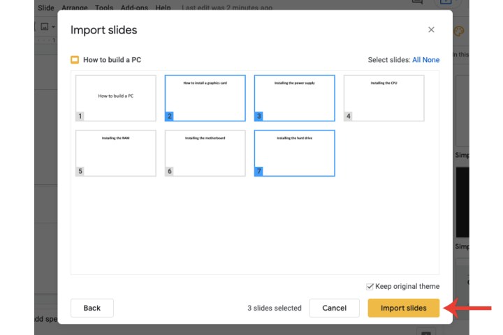 المنطقة التي يمكنك من خلالها تحديد شرائح معينة من ملف PowerPoint لاستيرادها إلى شرائح Google.
