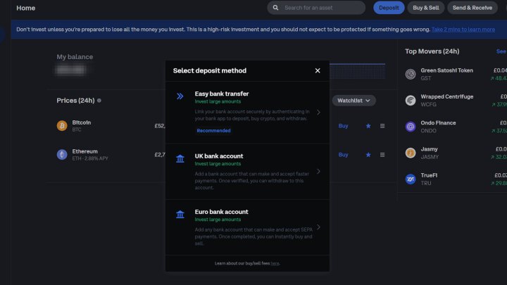 اختيار طريقة الإيداع على Coinbase.