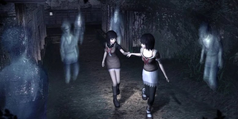 Fatal Frame 2 Mio and Mayu being chased by ghosts through the Lost Village