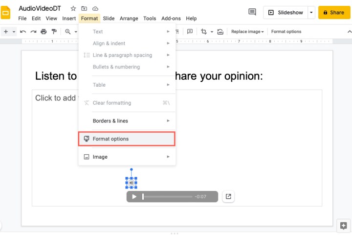 خيارات التنسيق في قائمة تنسيق شرائح Google.