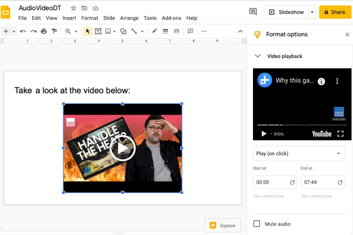 خيارات تشغيل الفيديو في العروض التقديمية من Google.