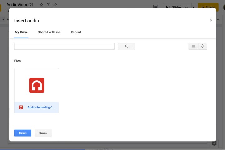 مواقع الملفات الصوتية المتاحة في العروض التقديمية من Google.