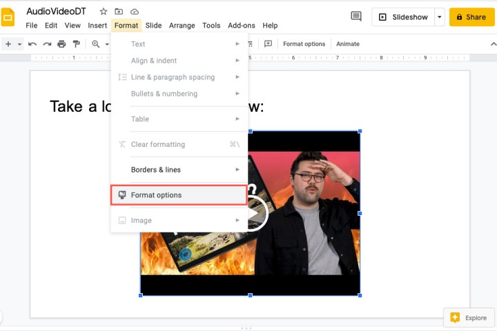 خيارات التنسيق في قائمة تنسيق شرائح Google.