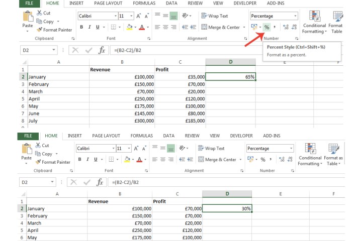 يتم تمييز رمز النسبة المئوية في Excel.