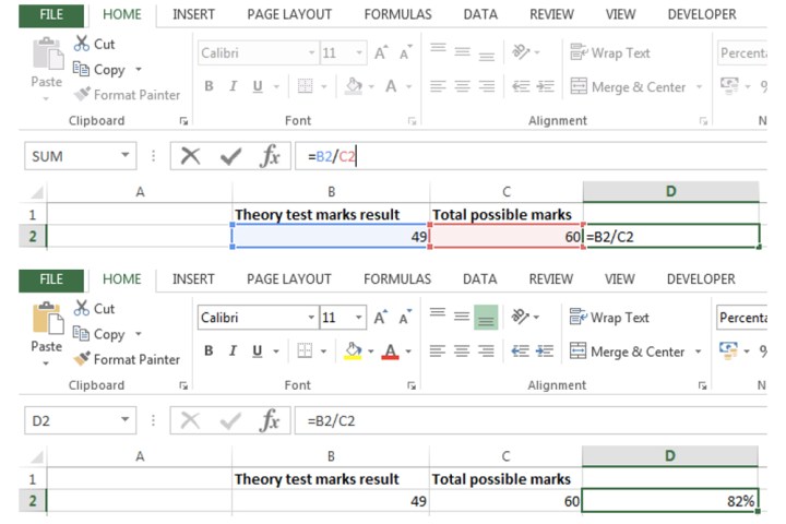 إدخال صيغة مخصصة لحساب النسب المئوية في Excel.