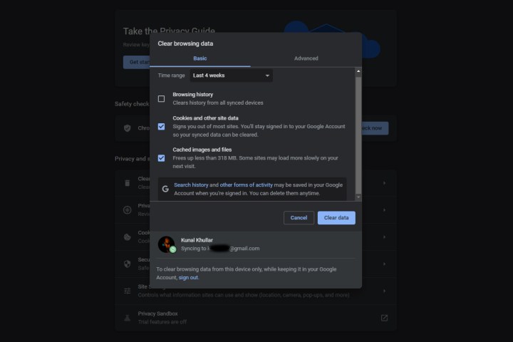 لقطة شاشة لمسح إعدادات بيانات التصفح في Google Chrome.