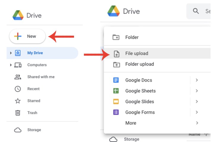 إضافة ملف جديد في Google Drive عبر الزرين جديد وتحميل الملف.