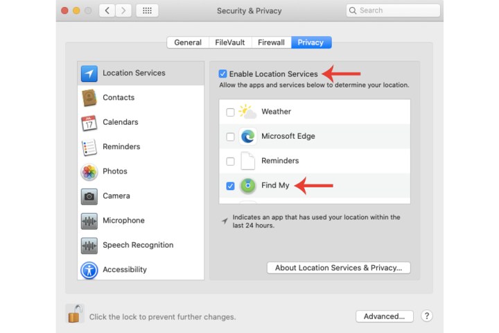 مربع تمكين خدمات الموقع على نظام Mac.