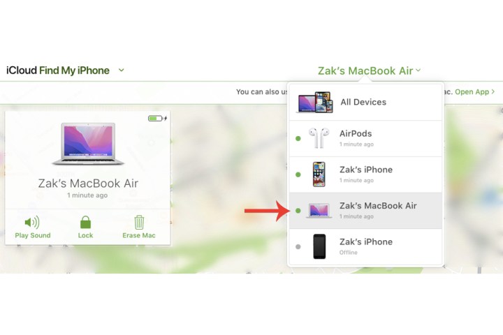 ميزة Find My لـ Find My Mac عبر موقع iCloud الإلكتروني الخاص بشركة Apple.