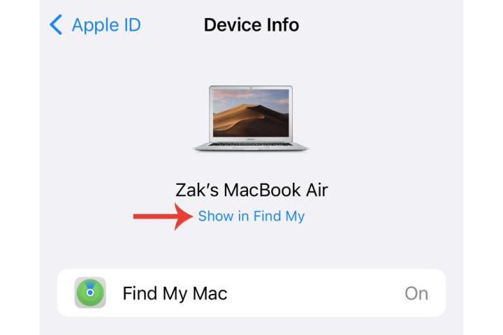 العرض في زر Find My على iPhone.