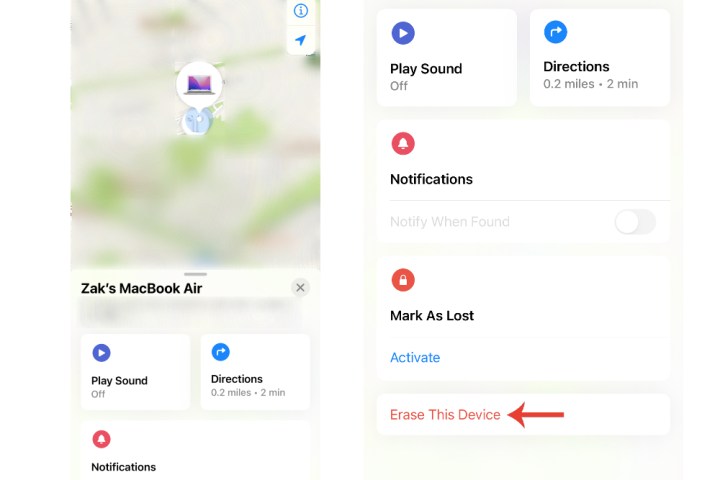 أداة Find My على iPhone تعرض موقع جهاز MacBook.