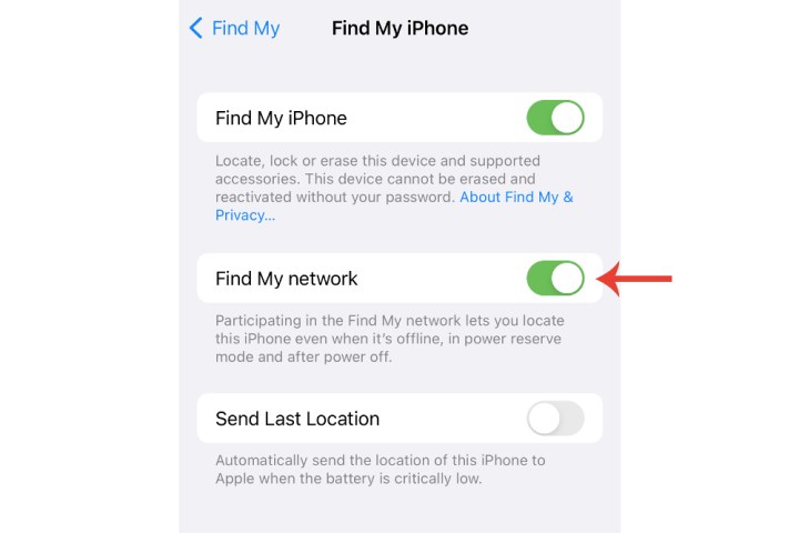 زر Find My Network الموجود على iPhone لتمكين وظيفة البحث في وضع عدم الاتصال لأجهزة Apple المفقودة.