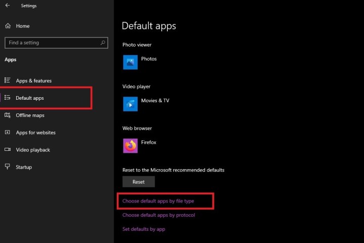 قائمة إعدادات اقتران الملفات في نظام التشغيل Windows 10.