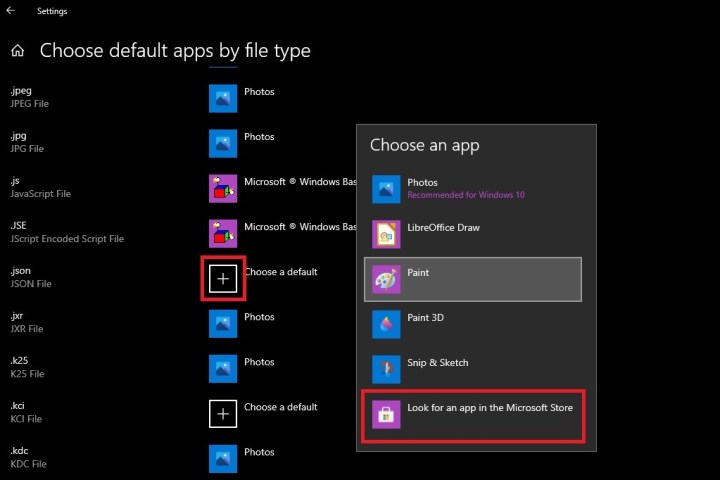 قائمة أنواع ملفات قائمة إعدادات اقتران الملفات في نظام التشغيل Windows 10.