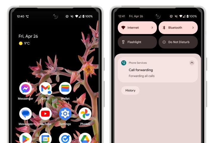 شاشة Android الرئيسية ومركز الإشعارات مع عرض حالة إعادة توجيه المكالمات.