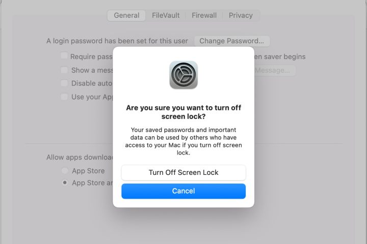 خيار اختيار إيقاف تشغيل قفل الشاشة في نظام MacOS.