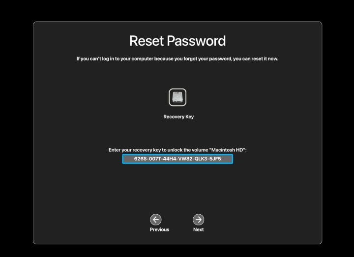 خيار استرداد FileVault في صفحة إعادة تعيين كلمة المرور في نظام التشغيل MacOS.