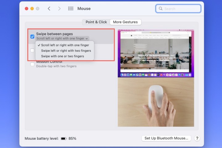 إعداد التمرير السريع بين الصفحات بالماوس على جهاز Mac.