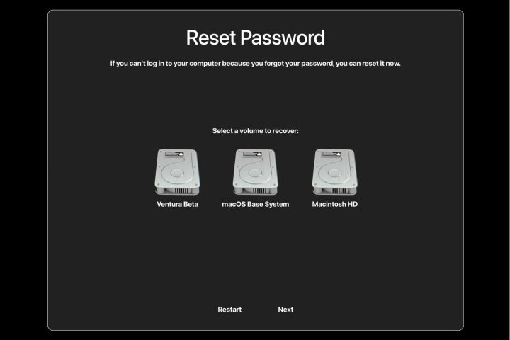شاشة محرك بدء التشغيل التي ستراها في صفحة إعادة تعيين كلمة المرور في نظام التشغيل MacOS.
