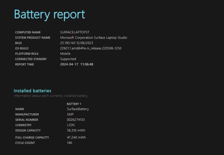 لقطة شاشة لأعلى تقرير البطارية في نظام التشغيل Windows 11