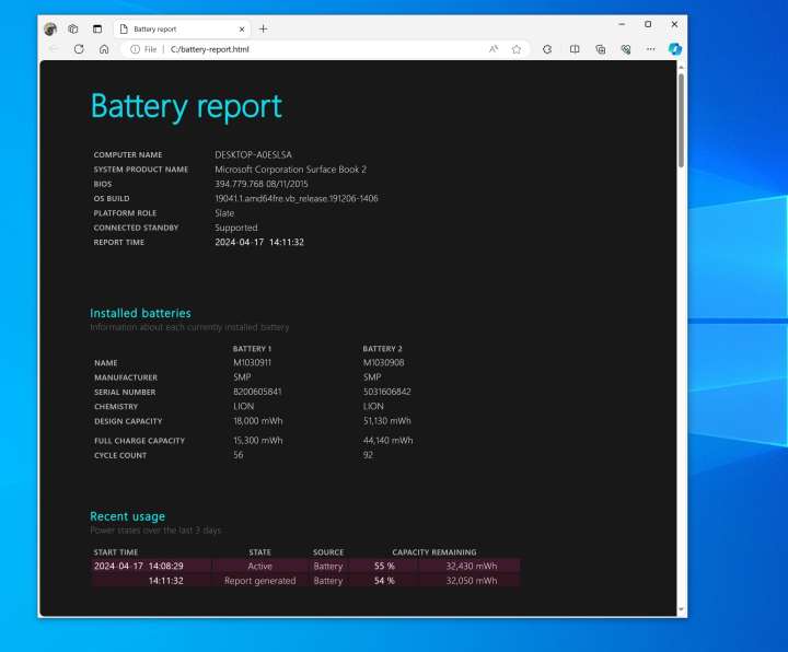 تقرير البطارية على نظام التشغيل Windows 10