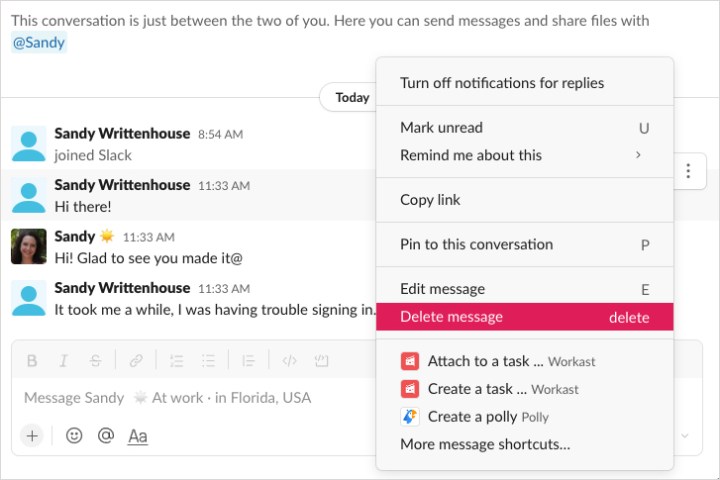 احذف الرسالة في قائمة Slack More Actions.