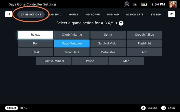 إجراءات اللعبة في Steam Deck.
