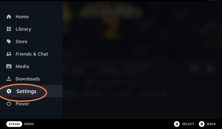 الإعدادات في قائمة Steam Deck.