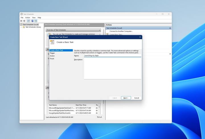 لقطة شاشة لعملية إنشاء تطبيق في برنامج جدولة المهام في نظام التشغيل Windows 11