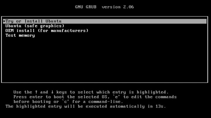 شاشة سوداء مع تمييز تثبيت Ubuntu باللون الأبيض