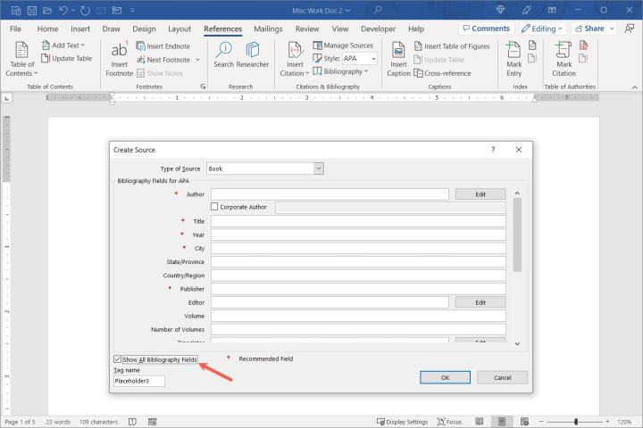 إظهار كافة حقول المراجع التي تم وضع علامة عليها في Word.