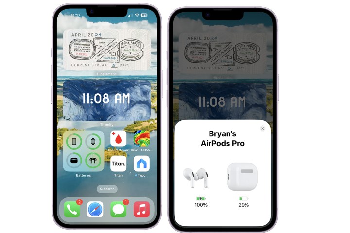 لقطات شاشة توضح مستويات بطارية Airpods