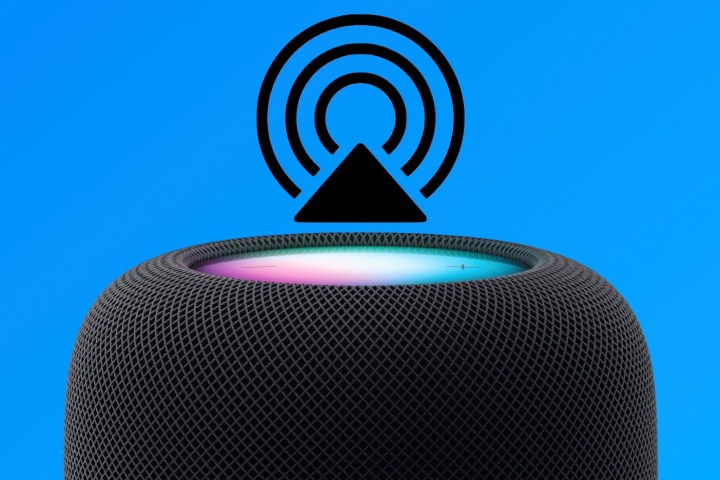 أيقونة Apple AirPlay تحوم فوق مكبر صوت Apple HomePod.