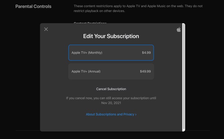 شاشة إلغاء موقع Apple TV+ الإلكتروني.