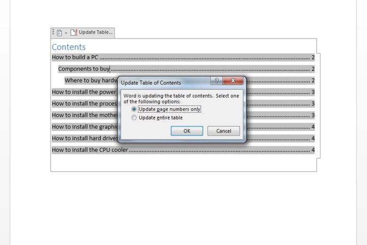 خيارات التحديث لجدول المحتويات في Microsoft Word.