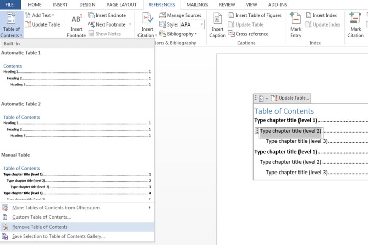 خيار إزالة جدول المحتويات في Microsoft Word.