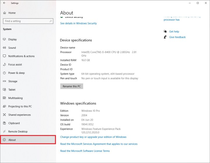 لقطة شاشة لمعلومات نظام Windows 10.