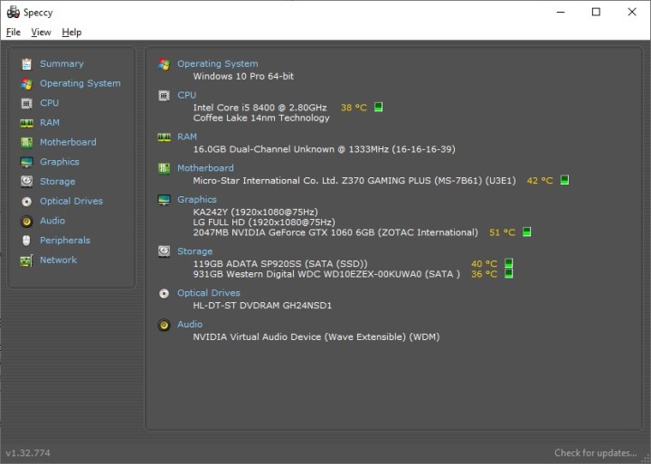لقطة شاشة لـ Speccy.